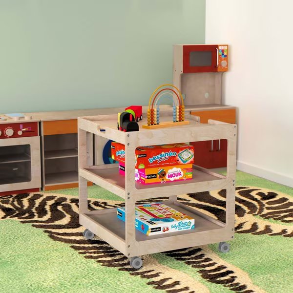 Bright Beginnings Commercial 3 Shelf Square Space Saving Wooden Mobile Classroom Storage Cart, Locking Caster Wheels, Kid Friendly Design, Natural, Flash Furniture, Mfr#: MK-ME14795-GG
